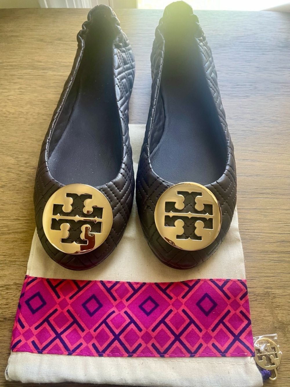 Tory Burch Espresso Brown Quilted Minnie Travel Ballet Flats with Gold Logo